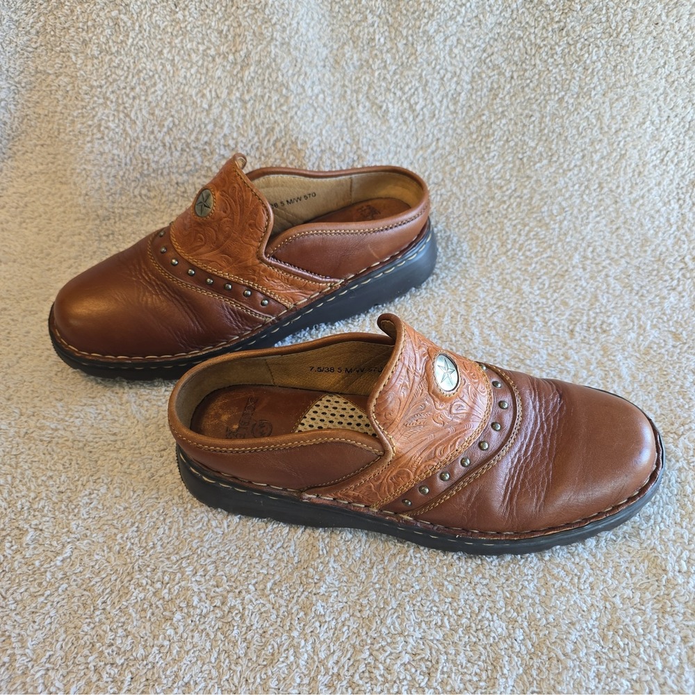 Double H Women's Slip-on Western Mules Floral Tooled Star Concho Studded Sz 7.5